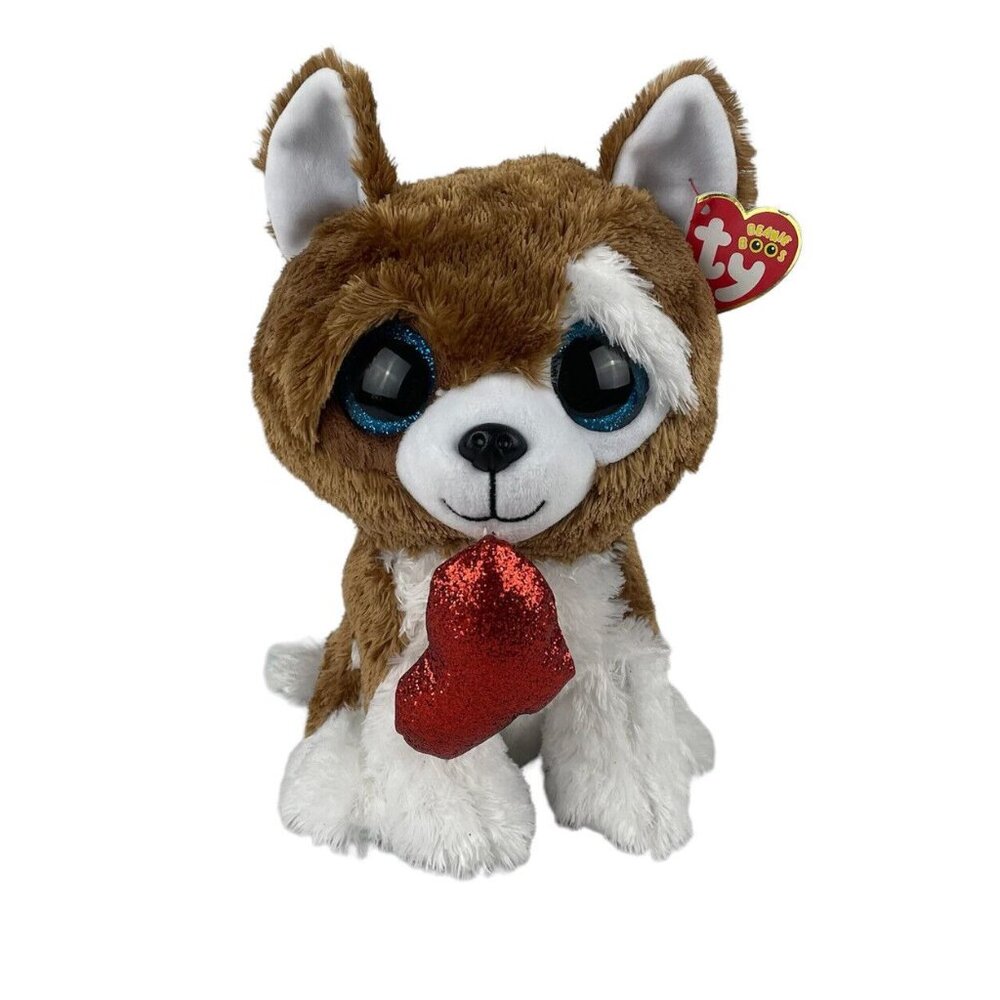 Ty‎ Beanie Boos TySilk Smootches Puppy Dog 10" Plush Blue Eyes Red Glitter Heart